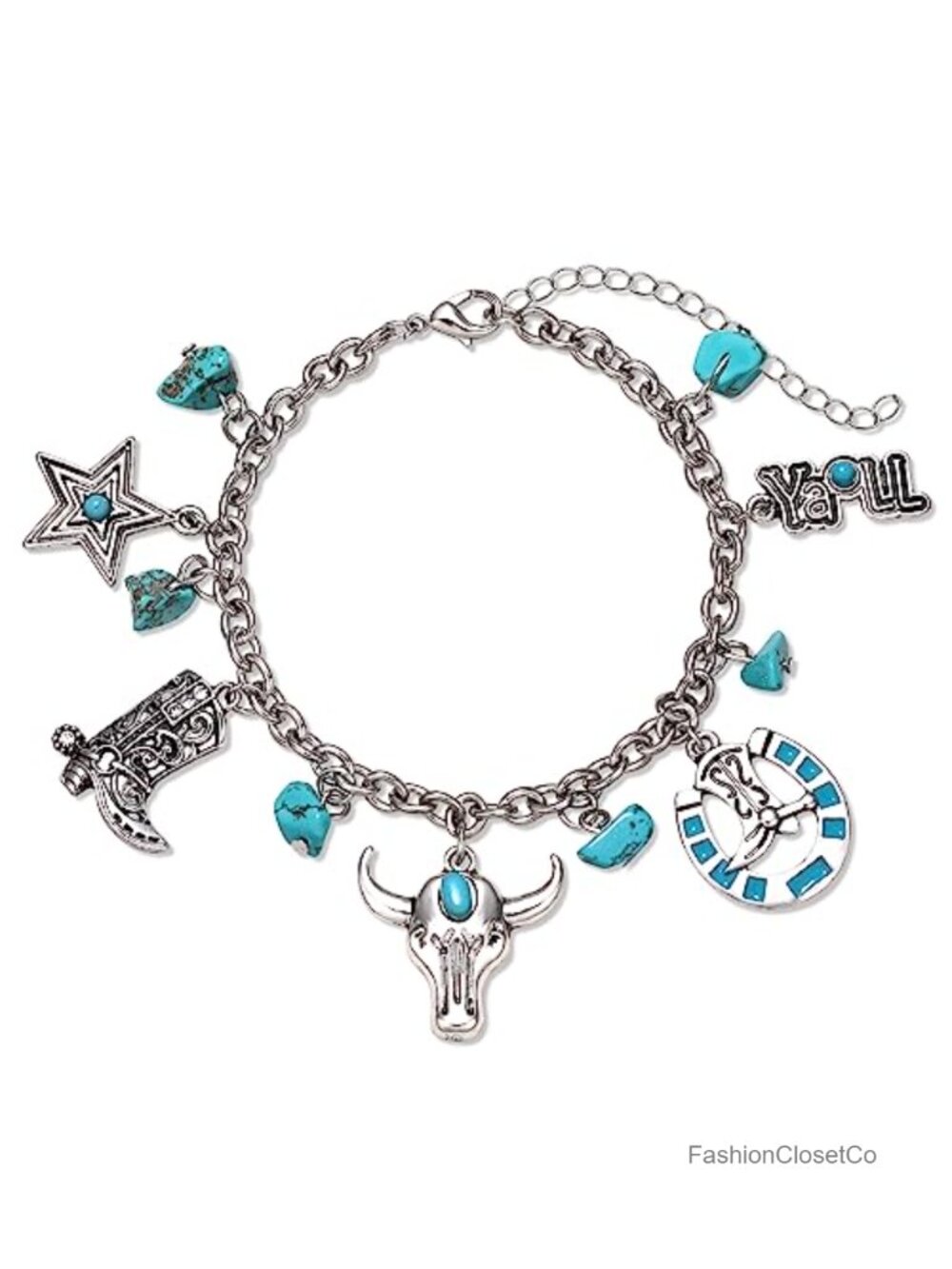 Vintage Western Turquoise Charm Bracelet Cowboy Boots Hat Bull Chain Link